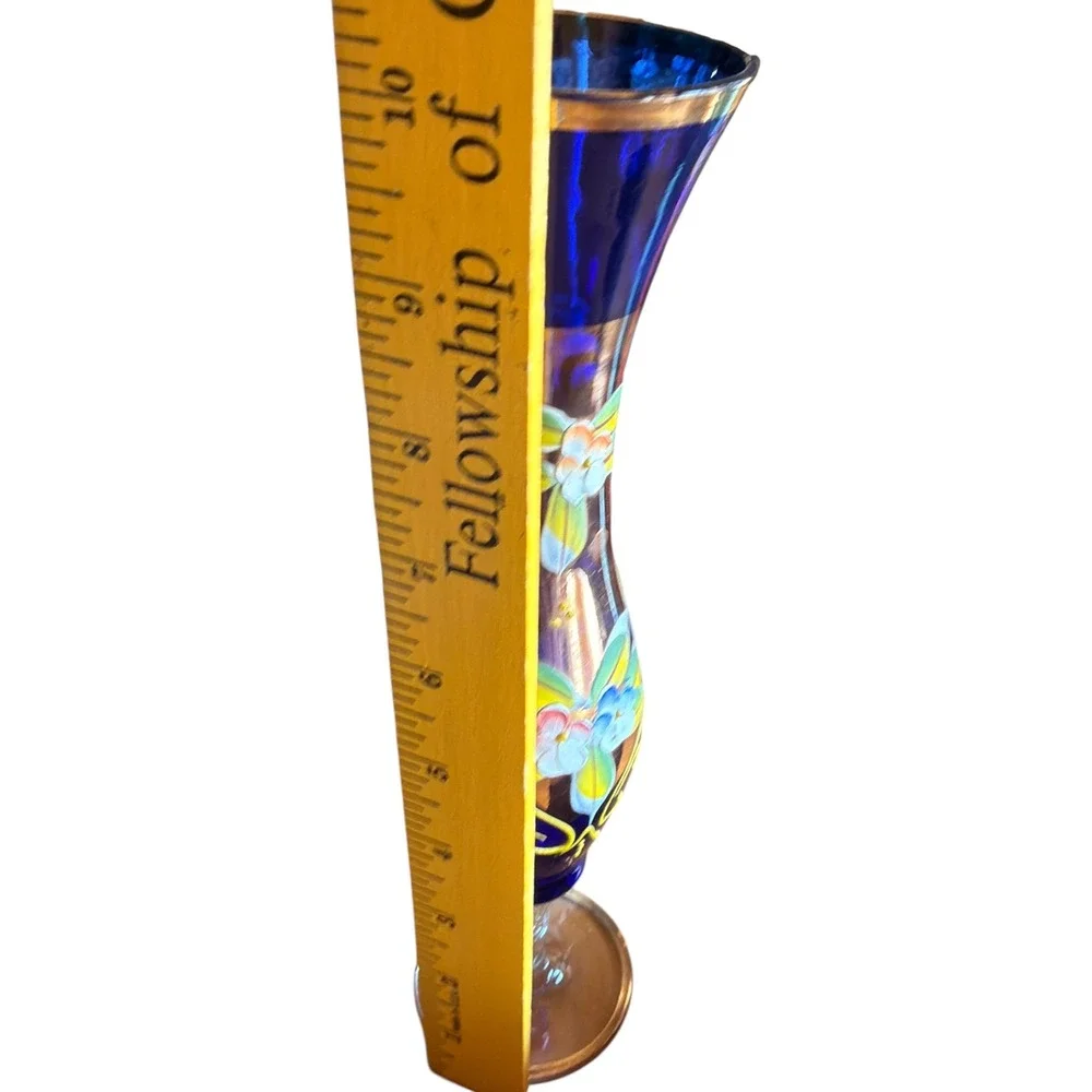 Vintage Cobalt Blue Glass Bud Vase Hand Painted Floral Gold Trim Murano Style